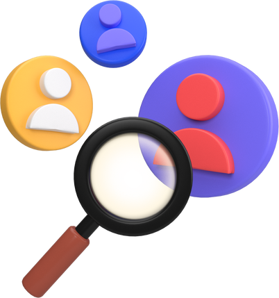 3d illustration of a magnifying glass over a group of people icons